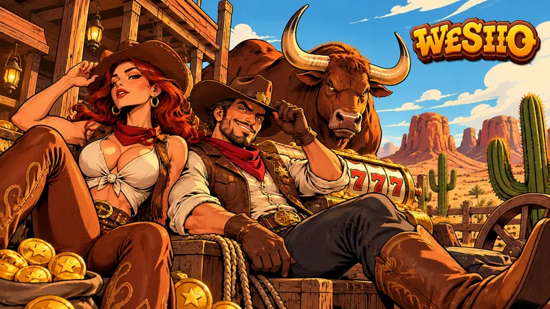 Cowgirl and cowboy resting on a gold-filled crate beside a 777 slot machine in the desert