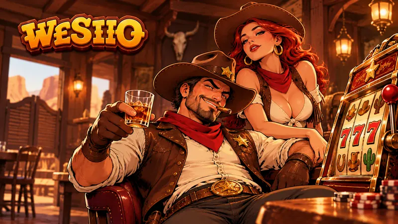 Sheriff with a glass of whisky and a cowgirl in a saloon next to a slot machine